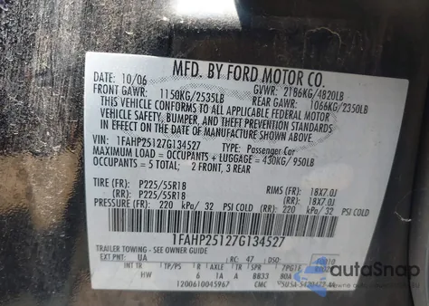 2007 Ford Five Hundred Limited из США, поврежденный, VIN 1FAHP25127G134527